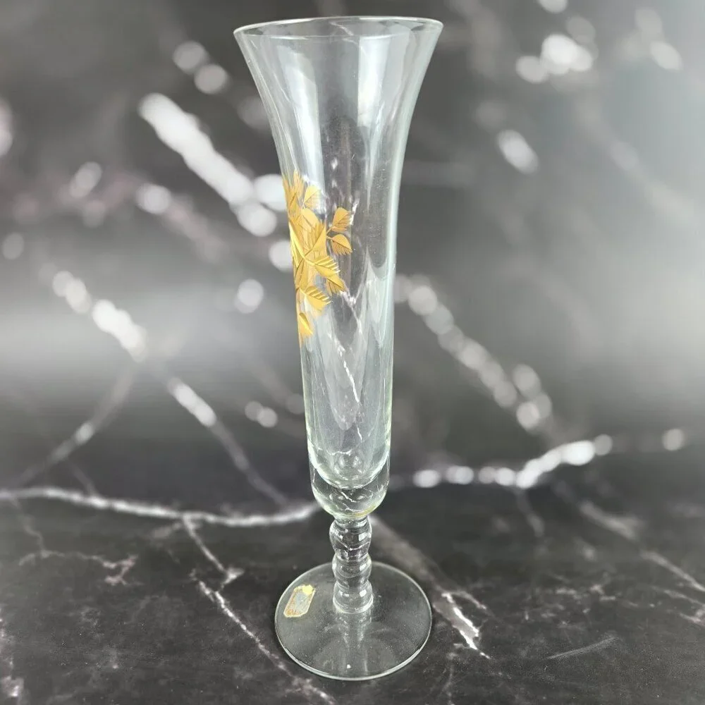 Vintage Ransgil Crystal Bud Vase Gold Gilt Rose on Front 1940's-1950's MCM